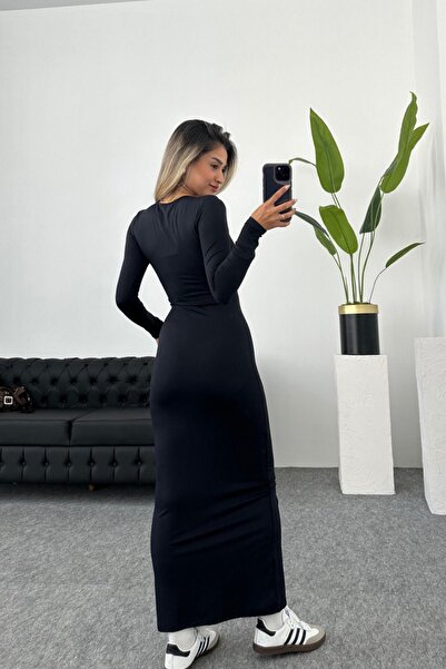 Winmoda34 Trend Kadın Siyah Hailey Uzun Kollu Maxi Elbise