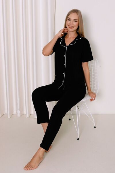 MİRELLA طقم بيجامة من القطن الممشط باللون الأسود - للنساء، بأزرار أمامية، وأك...
