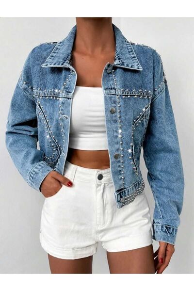 Kısmetin Butiği سترة نسائية من قماش الدنيم باللون الأزرق بتفاصيل قطرة، منتج ل...