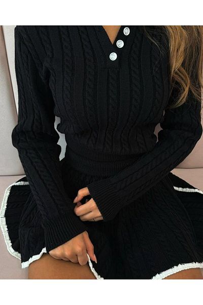Lusin Women's Polo Collar Stylish Sweater Skirt Double Knitwear Set - Black
