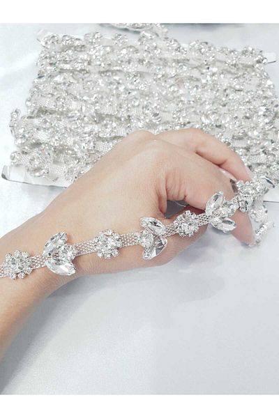 ESRA ŞELEM Crystal Stone Silver Color Decorative Ribbon Fringe Ribbon
