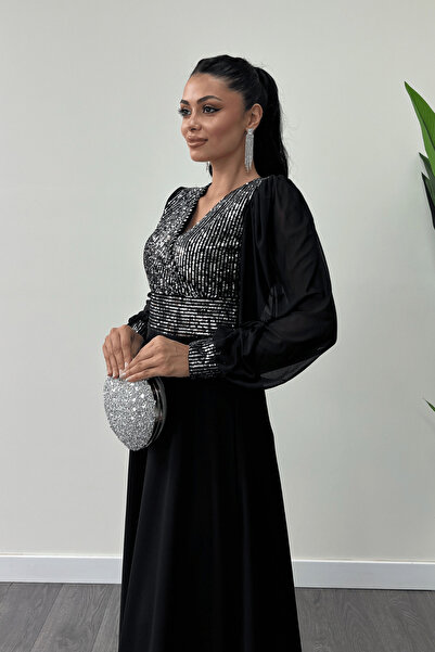 giyimmasalı Payet Kumaş Kolları Tül Abiye Elbise - Gümüş