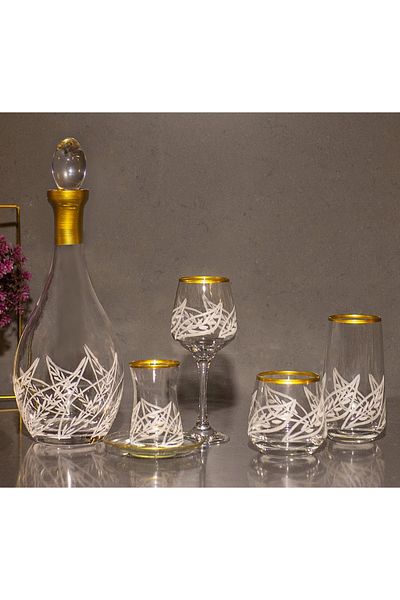 sudeka 61 Pieces Leaf Hand Decorated Water Cup Set for 12 People - Gold Glass Soft Drink Cup Set