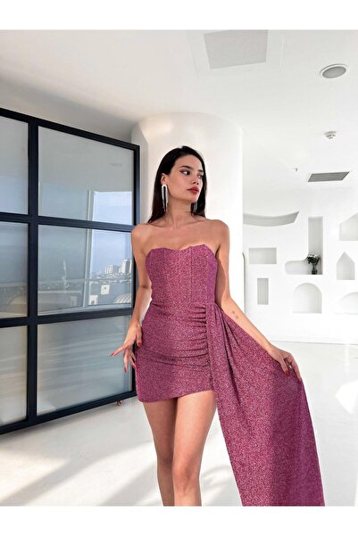 BEAUTY FASHİON Kadın Abiye Elbise Sarkıt Kumaş Detaylı Parlak Simli Mini Abiye & Mezuniyet Elbisesi