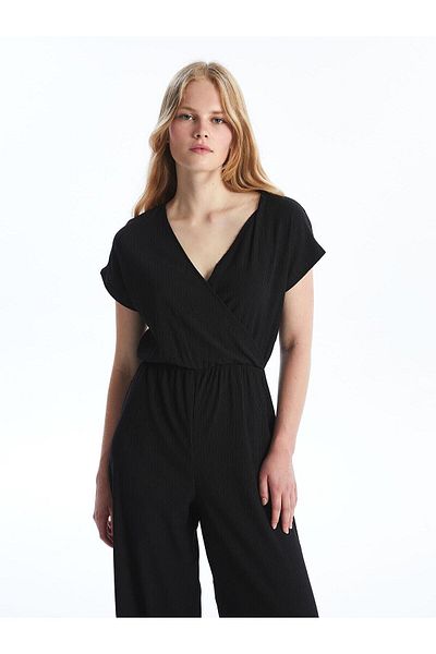 LC Waikiki Lcw Vision Black Double Breasted Collar Women's Jumpsuit - Solid Short Sleeve