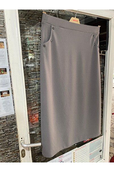 HESNA Krep Kumaş Çan Gri Etek, Cepli Etek , Düğmeli Etek, Anne Etek, Düz Etek , Lastikli Etek,