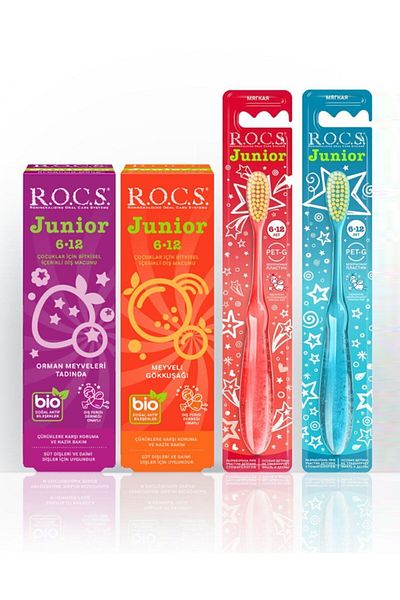 R.O.C.S. مجموعة معجون أسنان وفرشاة أسنان للأطفال من عمر 6 إلى 12 سنة من روكس - 2 معجون أسنان و2 فرشاة أسنان