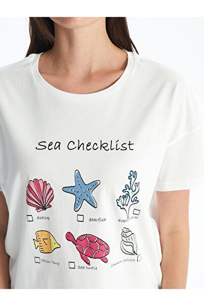 LC Waikiki LCW Young Ekru Baskılı Bisiklet Yaka Baskılı Kısa Kollu Kadın Kaprili Pijama Takımı