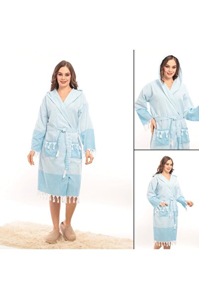 ROZET TEKSTİL Hürrem Püsküllü Kapüşonlu Banyo Sauna Havuz Plaj Kadın Erkek Unisex Cepli Pamuklu Peştamal Bornoz