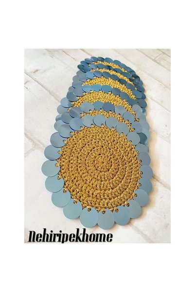 NehiripekHome Ice Blue Sequin Gold Presentation Supla Coaster Set of 6