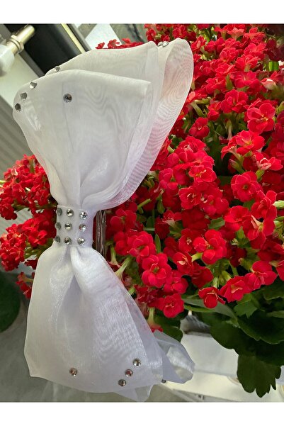 MADE BY PERİ Children's Adult Buckle with Three Layers of White Glossy Organza Bow, Stone Decoration