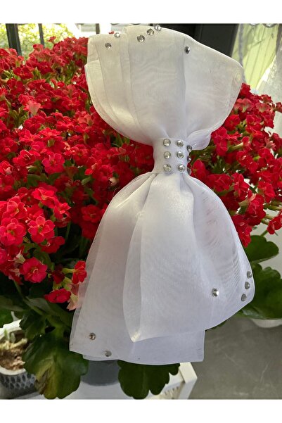 MADE BY PERİ Children's Adult Buckle with Three Layers of White Glossy Organza Bow, Stone Decoration
