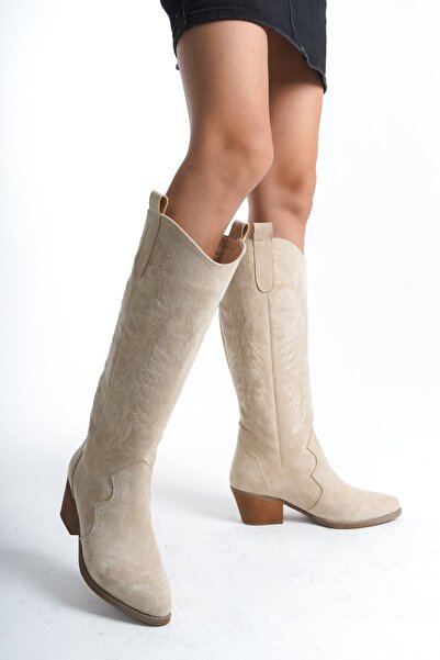 ÜNAL ÖZER Bej Süet Kadın Western Nakışlı Sivri Burunlu Günlük Çizme Un001-0218