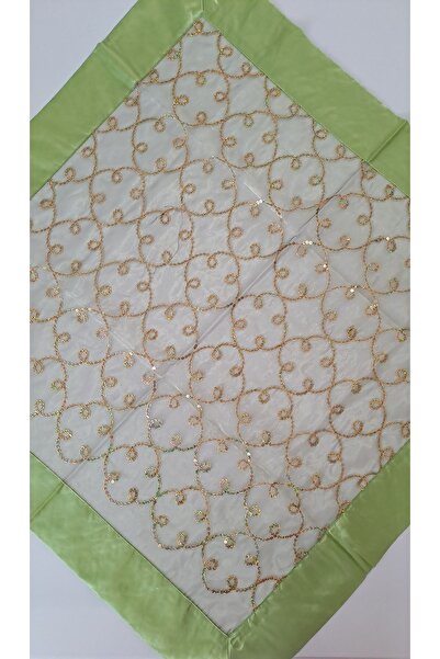 SOUL BY A&B Fıstık Yeşili Saten Masa Örtüsü Tül Masa Örtüsü Payetli