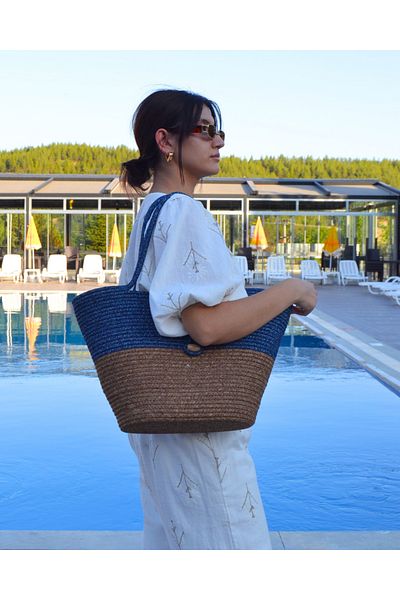 HomeTurko Geanta de plaja de dama cu nasturi din iuta dublu colorata - Accesoriu, ocazional zilnic, natural lucrat manual