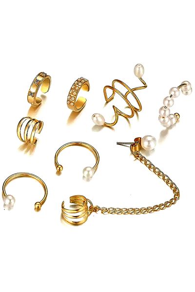 Obenimstore 8 Pieces French Style High Gloss Women's Ear Cuff Set - Artificial Pearl and Gold Color Chain