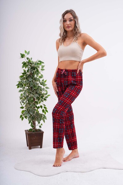 Arvin Pijama Women's Red Plaid Printed Soft Silky Waist Pajama Bottoms - Elastic