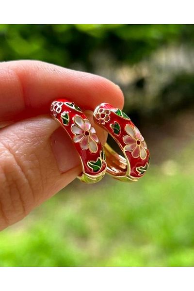 ByMerve Bym232 Vintage Red Flower Patterned Enamel Women's Earrings - Steel Ring