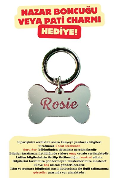 JesPawty Beyaz Aynalı Kemik Isimli Kedi Köpek Künyesi ( Kendi Künyeni Tasarla )