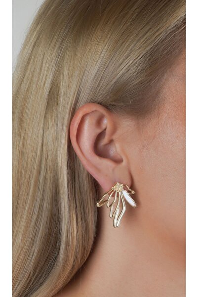 MRK Beyaz ve Altın Çiçekli Özel Tasarım Kadın Küpe