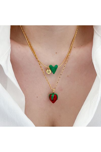 CHARMLUCKY Murano Green Heart (Letter) - Strawberry Necklace