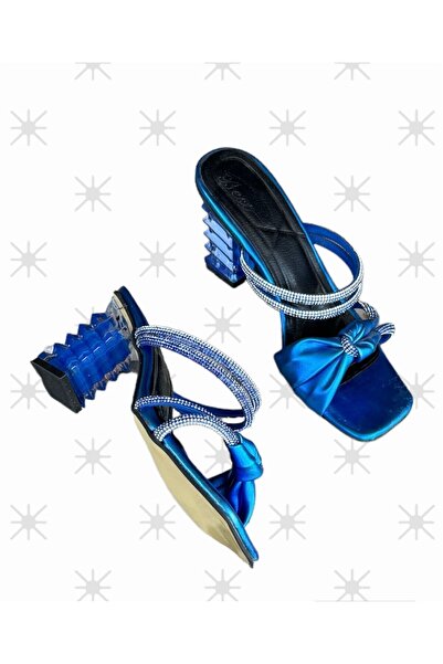 İpek kadın taşlı saks mavi şeffaf boyalı topuklu terlik