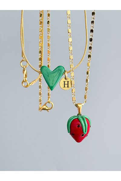 CHARMLUCKY Murano Green Heart (Letter) - Strawberry Necklace