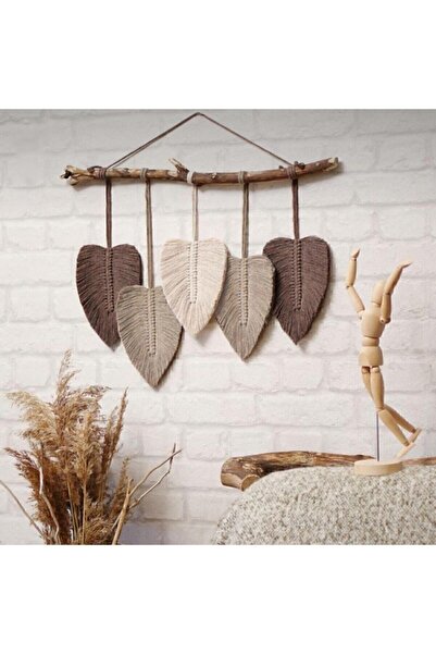 ByMonstera Ahşap Çubuk Üzerine Kahve Krem Bej Yaprak Makrome Dekoratif Duvar ...