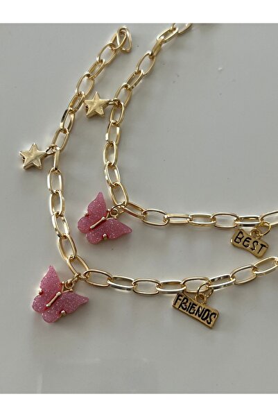 tones official Pembe Kelebekli Hediye Best Frıend Arkadaşlık 2 Li Bileklik