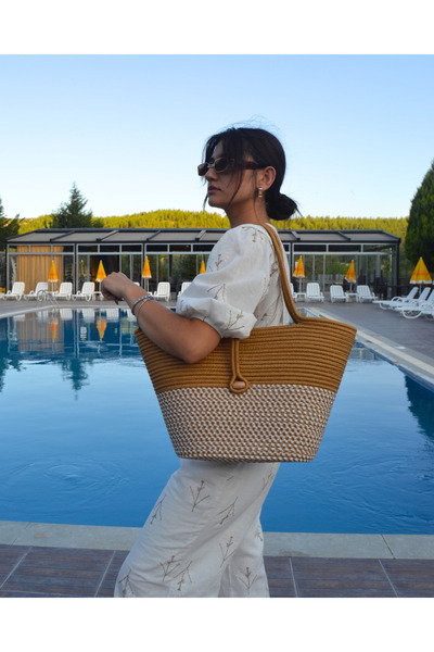 HomeTurko Double Colored Jute Buttoned Women's Beach Bag - Accessory, Daily Casual, Natural Handmade