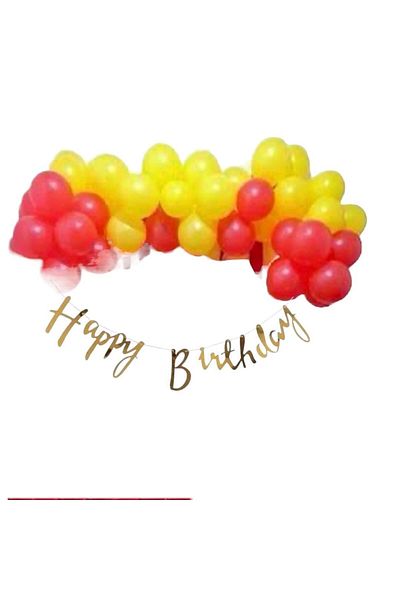 Deniz Party Store Gold Happy Birthday - Metallic 30 Yellow and 20 Red Mini Chain Balloons, Calligraphy Writing Set