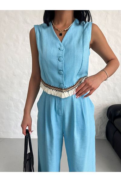 LAMİFUSTORE Linen Women's Vest and Accessory Set - Tassel Detailed