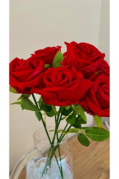 NAHAMİS TRADE Yapay Kadife Buket 6adet Kırmızı Gül 40cm Cansız Demet Yapraklı Çiçek
