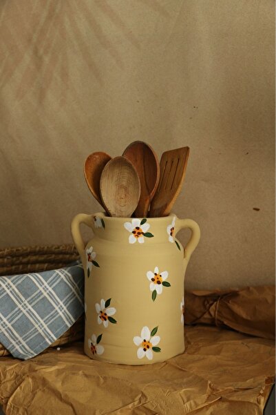 Hoyatap El Yapımı XL Ebat Desenli Kulpl Detaylı Vazo & Dekoratif Çiçekli Kaşı...