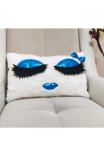 YILMAZHOME Peluş Kirpikli Kırlent Kılıfı - (beyaz Peluş-mavi Göz)