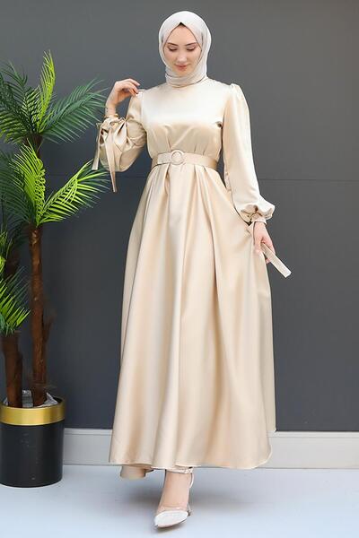 giz astore Saten Kemerli Elbise Gold