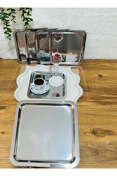 denizhomecollection 6'lı Paslanmaz Çelik 21x21 Kare Çay, Kahve, Pasta Servis Tepsisi Sunum Tepsisi