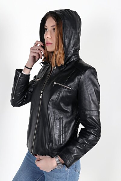 WOOG DERİ Mina Model Kadın Siyah Hakiki Deri Ceket