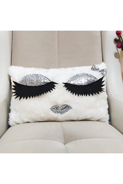 YILMAZHOME Peluş Kirpikli Kırlent Kılıfı - (Beyaz Peluş-Gümüş Göz)