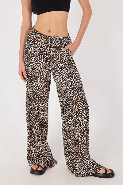 Addax Leopard Patterned Satin Trousers - Elastic Waist Pn16532-Asn75