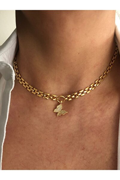 tones official Saat Zincir Kelebekli Choker Kolye