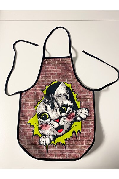 KÜPPELİ ACCESSORİES Çocuk Mutfak Ve Etkinlik Önlüğü Kedi Figürlü 46cm Boy 35cm En Bağlanabilir Tasarımlı Kumaş Önlük