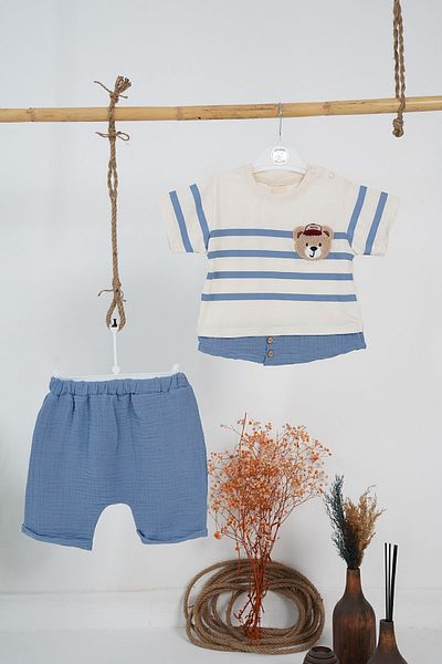 WOW LANUGO Baby Boy Summer Top and Bottom Set Muslin Shorts Teddy Bear Embroidered