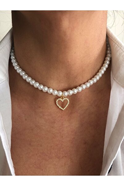 tones official Zircon Heart Choker Necklace with Pearls