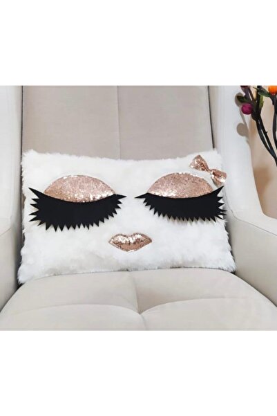 YILMAZHOME Peluş Kirpikli Kırlent Kılıfı - (Beyaz Peluş-Bakır Göz)