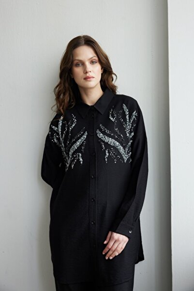 MVStore قميص كتان - منقوش ومطرز بالترتر