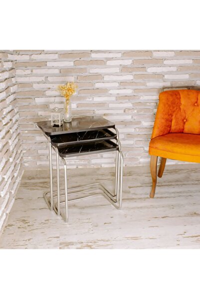 Lion Esb Zigon Sehpa, Metal Zigon Sehpa Takımı, 3 Lü Sehpa, Gümüş Metal Siyah Mermer