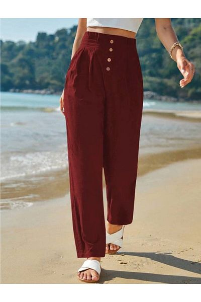night blue Summer Linen Trousers - Pleat Detailed, Claret Red