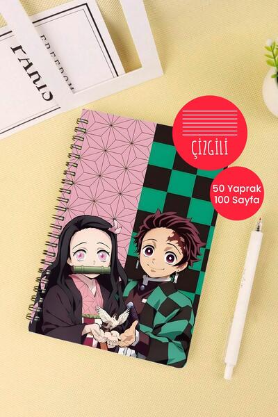 Anime Marketi دفتر مدرسي بتصميم Demon Slayer مقاس A5، 50 ورقة، 100 صفحة - مسطر