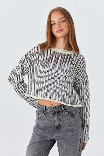 MsLena Butik Pulover crop scurt ajurat alb - perforat, damă, M186-6852